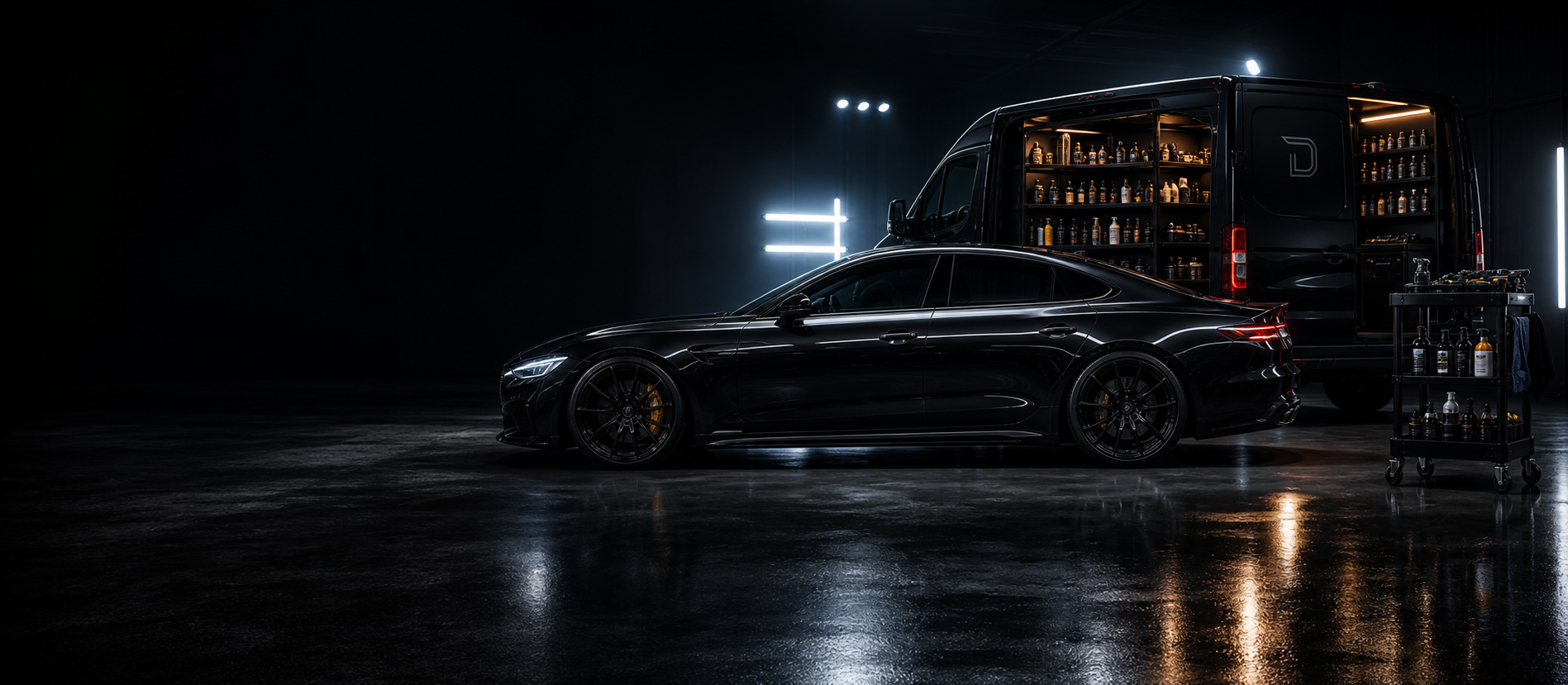 Voiture noire et fourgon atelier DETAILPRO dans un studio sombre